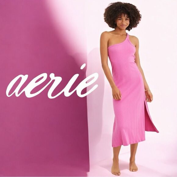 aerie Dresses & Skirts - Aerie Pink Ribbed One-Shoulder Dress Women's Size Small